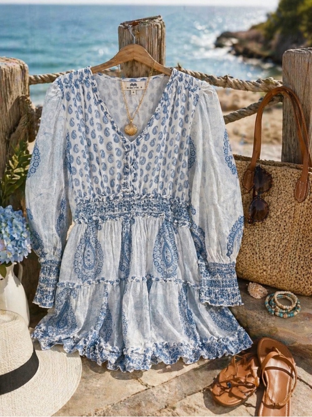 NIBI MTK Paisley Mini Dress Blue White Boho Tiered Ruffle V Neck  Small